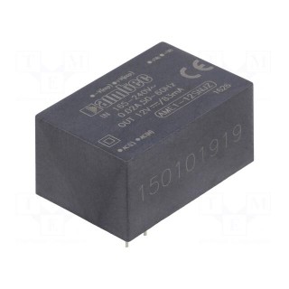 Converter: AC/DC | 1W | Uout: 12VDC | Iout: 0.083A | 69% | Mounting: PCB
