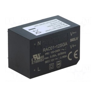 Converter: AC/DC | 1W | 85÷264VAC | 12VDC | Iout: 83mA | 68% | PCB | 3000V