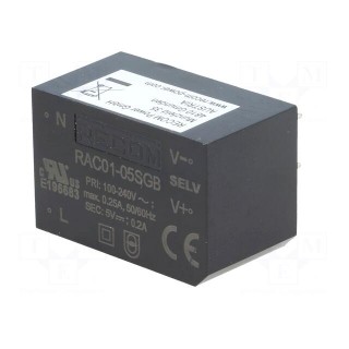 Converter: AC/DC | 1W | Uout: 5VDC | Iout: 200mA | 63% | Mounting: PCB