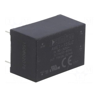 Converter: AC/DC | 1W | Uout: 15VDC | Iout: 0.067A | 74% | Mounting: PCB