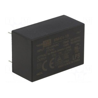 Power supply: switched-mode | modular | 1W | 15VDC | 33.7x22.2x15mm