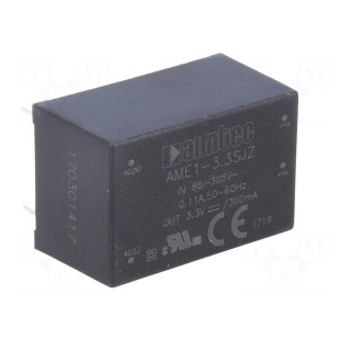 Converter: AC/DC | 1W | Uout: 3.3VDC | Iout: 0.3A | 63% | Mounting: PCB