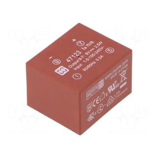 Converter: AC/DC | 2.5W | Uout: 9VDC | Iout: 270mA | 72% | Mounting: PCB