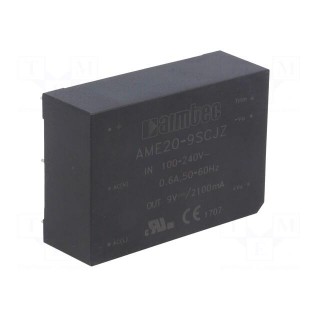 Converter: AC/DC | 20W | Uout: 9VDC | Iout: 2.1A | 77% | Mounting: PCB
