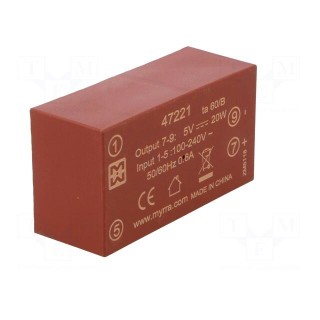 Converter: AC/DC | 20W | Uout: 5VDC | Iout: 4A | 82% | Mounting: PCB