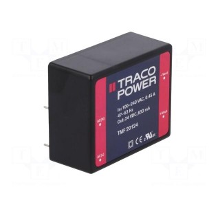 Converter: AC/DC | 20W | Uout: 24VDC | Iout: 833mA | 84% | Mounting: PCB