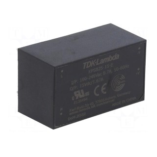 Converter: AC/DC | 25W | 90÷264VAC | 15VDC | Iout: 1.67A | 85% | THT