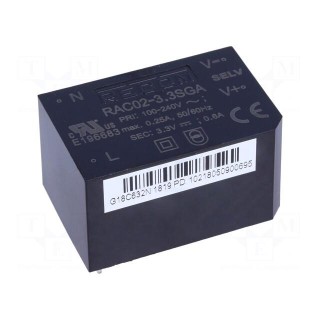 Converter: AC/DC | 2W | Uout: 3.3VDC | Iout: 500mA | 63% | Mounting: PCB