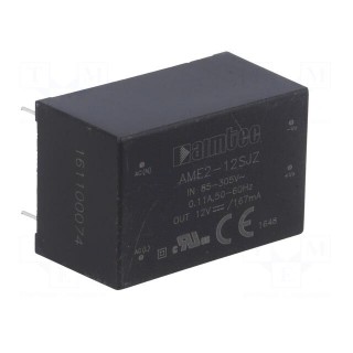 Converter: AC/DC | 2W | Uout: 12VDC | Iout: 0.167A | 76% | Mounting: PCB