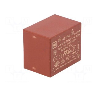 Converter: AC/DC | 3.2W | Uout: 12VDC | Iout: 270mA | 75% | Mounting: PCB