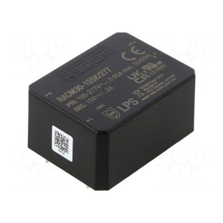 Converter: AC/DC | 30W | 85÷305VAC | 15VDC | Iout: 2000mA | 90% | PCB