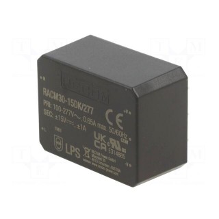 Converter: AC/DC | 30W | 85÷305VAC | Uout: 15VDC | Uout2: -15VDC | 86%