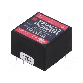 Converter: AC/DC | 3W | Uout: 5VDC | Iout: 600mA | 72% | Mounting: PCB