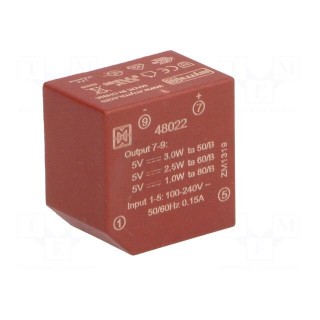 Converter: AC/DC | 3W | Uout: 5VDC | Iout: 600mA | 65% | Mounting: PCB