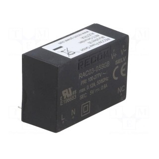Converter: AC/DC | 3W | Uout: 5VDC | Iout: 600mA | 72% | Mounting: PCB