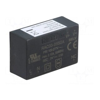 Converter: AC/DC | 3W | Uout: 5VDC | Iout: 600mA | 72% | Mounting: PCB