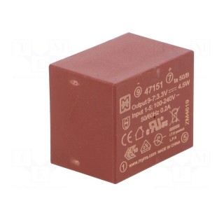 Converter: AC/DC | 4.5W | Uout: 3.3VDC | Iout: 1.35A | 65% | Mounting: PCB