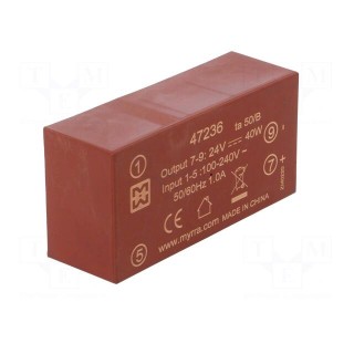 Converter: AC/DC | 40W | Uout: 24VDC | Iout: 1.7A | 85% | Mounting: PCB