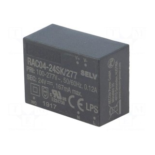 Converter: AC/DC | 4W | Uout: 24VDC | Iout: 167mA | 80% | Mounting: PCB
