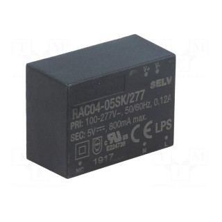 Converter: AC/DC | 4W | Uout: 5VDC | Iout: 800mA | 76% | Mounting: PCB
