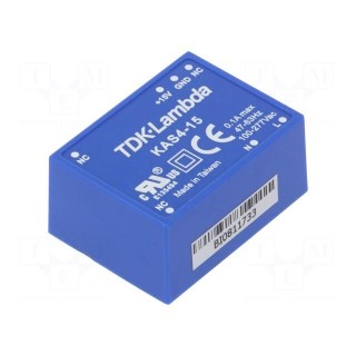 Converter: AC/DC | 4W | Uout: 15VDC | Iout: 267mA | 76% | Mounting: THT