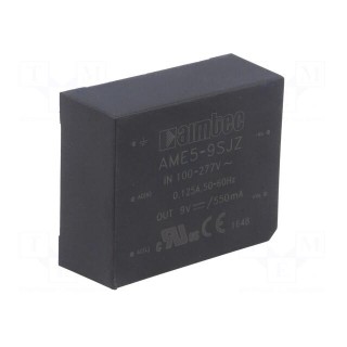 Converter: AC/DC | 5W | Uout: 9VDC | Iout: 0.55A | 79% | Mounting: PCB