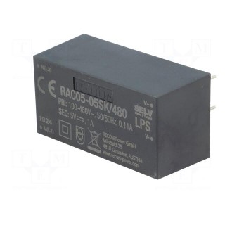 Converter: AC/DC | 5W | Uout: 5VDC | Iout: 1A | 63% | Mounting: PCB | 4000V