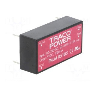 Converter: AC/DC | 5W | Uout: 5VDC | Iout: 1000mA | 71% | Mounting: PCB