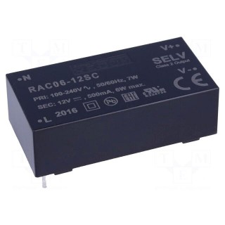 Converter: AC/DC | 6W | Uout: 12VDC | Iout: 500mA | 78% | Mounting: PCB