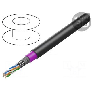 Wire | S/FTP | 4x2x23AWG | 7 | solid | OFC | PE | black | 500m | Øcable: 8.6mm
