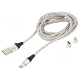 Cable | magnetic,USB 2.0 | 2m | grey | 480Mbps | textile | 3A