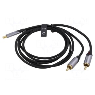 Cable | RCA plug x2,USB C plug | gold-plated | 1.5m | black | Core: Cu
