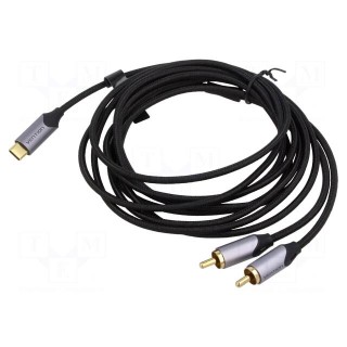 Cable | RCA plug x2,USB C plug | gold-plated | 3m | black | Core: Cu