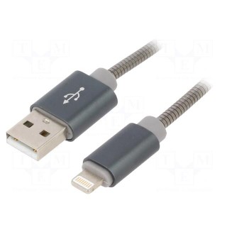 Cable | USB 2.0 | Apple Lightning plug,USB A plug | 2m | grey | metal