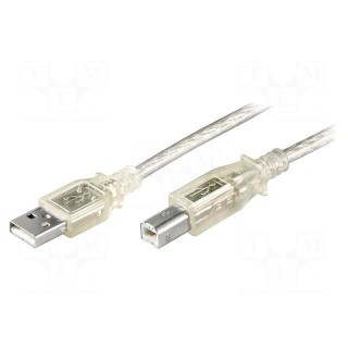 Cable | USB 2.0 | USB A plug,USB B plug | 1.8m | transparent | Core: Cu