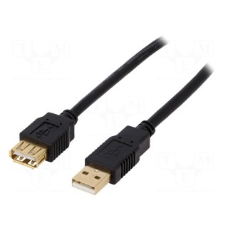 Cable | USB 2.0 | USB A socket,USB A plug | gold-plated | 5m | black