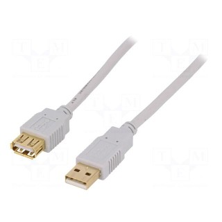 Cable | USB 2.0 | USB A socket,USB A plug | gold-plated | 3m | grey