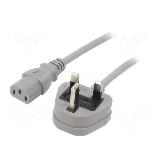 Cable | 3x1mm2 | BS 1363 (G) plug,IEC C13 female | PVC | 1m | grey | 3A