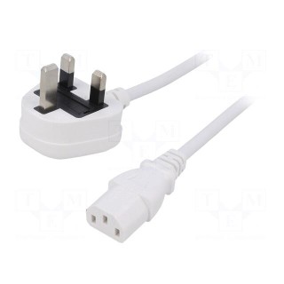 Cable | 3x1mm2 | BS 1363 (G) plug,IEC C13 female | PVC | 1m | white | 3A