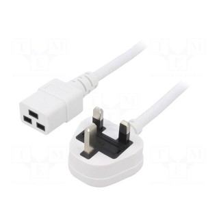 Cable | 3x1.5mm2 | BS 1363 (G) plug,IEC C19 female | PVC | 1m | white