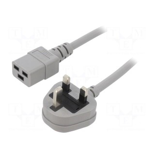 Cable | 3x1.5mm2 | BS 1363 (G) plug,IEC C19 female | PVC | 2m | grey