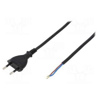 Cable | CEE 7/16 (C) plug,wires | 1.5m | black | PVC | 2x0,75mm2 | 2.5A