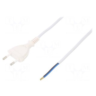 Cable | CEE 7/16 (C) plug,wires | 1.5m | white | PVC | 2x0,5mm2 | 2.5A
