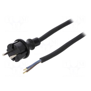 Cable | CEE 7/17 (C) plug,wires | 5m | black | rubber | 2x1,5mm2 | 16A