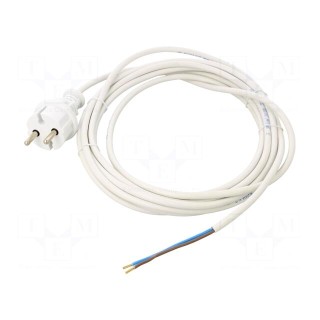 Cable | 2x1mm2 | CEE 7/17 (C) plug,wires | PVC | 5m | white | 16A | 250V