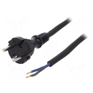 Cable | CEE 7/17 (C) plug,wires | 2m | black | rubber | 2x1,5mm2 | 16A
