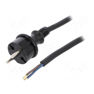 Cable | CEE 7/17 (C) plug,wires | 2m | black | rubber | 2x1,5mm2 | 16A