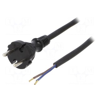 Cable | CEE 7/17 (C) plug,wires | 2m | black | rubber | 2x1mm2 | 16A