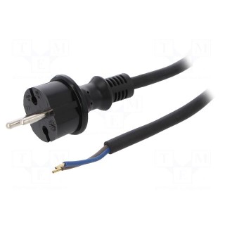 Cable | CEE 7/17 (C) plug,wires | 3m | black | rubber | 2x1,5mm2 | 16A