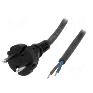 Cable | CEE 7/17 (C) plug,wires | Len: 3m | black | rubber | 2x1,5mm2
